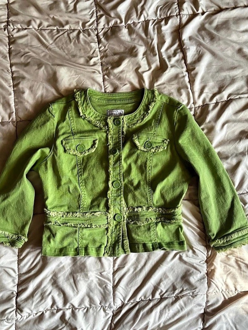 True Y2K vintage twee whimsy Live A Little Green apple fringe details cute butto